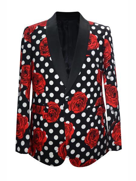 Men's Black Floral ~ Dot Pattern Shawl Lapel Blazer