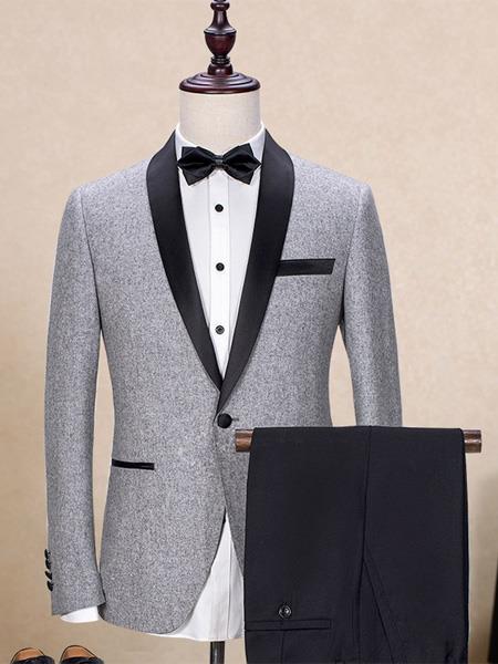 Men's 1 Button Light Gray Slim Fit  With Black Shawl Lapel main image 1