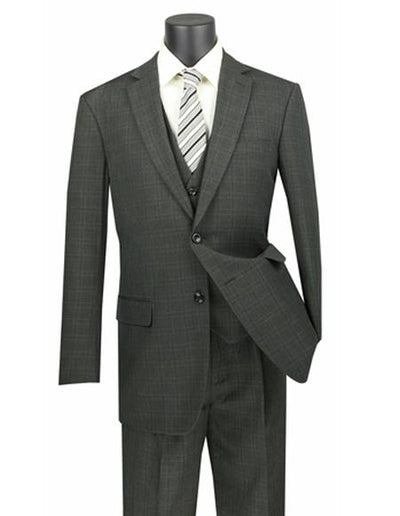 Two Button Poly/Rayon 3 Piece Regular Fit Plaid ~ Window Pane Olive Vested Suit