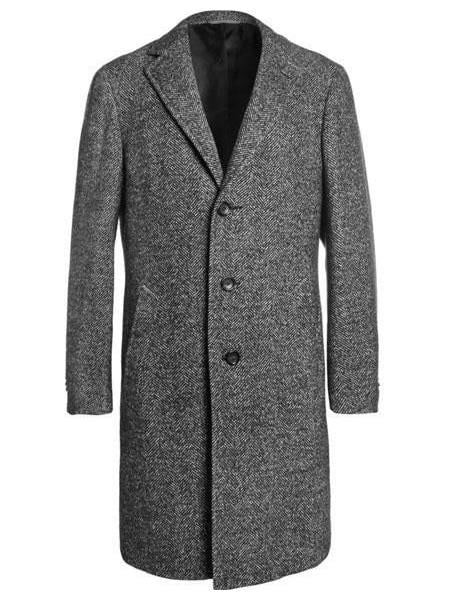 Mens Topcoat Mens Dress Coat Single Breaste Full Length Tweed Herringbone Gray Overcoat