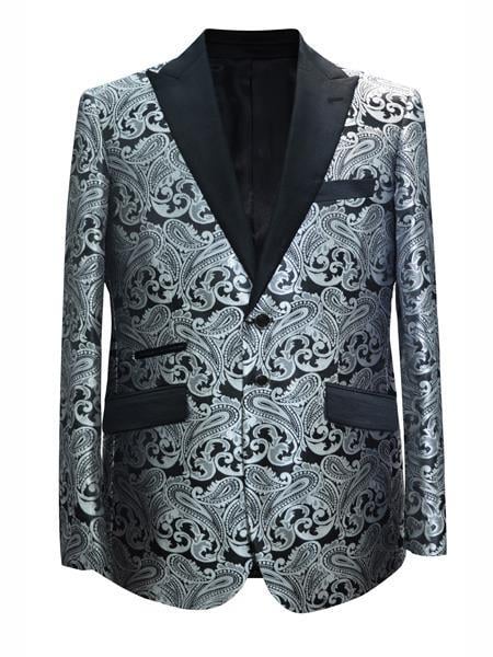 Men's Grey ~ Gray Silver Black / White Paisley Pattern Blazer