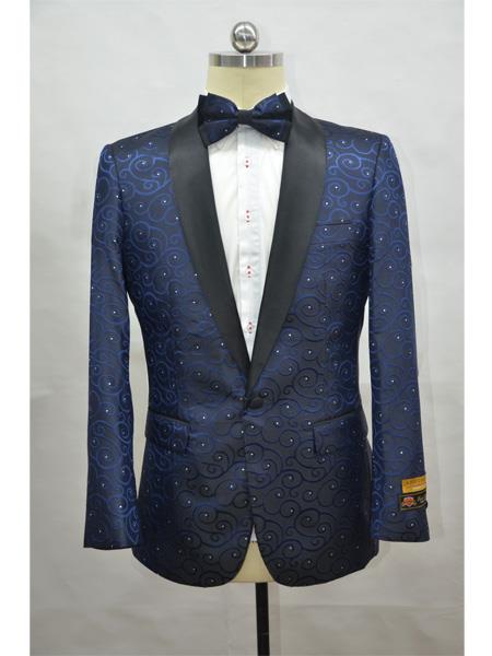 Navy Blue And Black Lapel Two Toned Paisley Floral Blazer Tuxedo Dinner Jacket Fashion Sport Coat