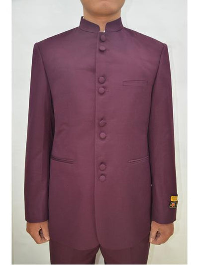 Men's Eight Button Mandarin Banded Collar Burgundy Suits