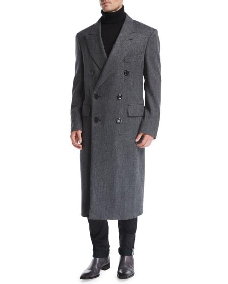 Men's Double-Breasted Herringbone Top Coat Gray