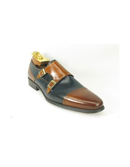 Men's Brown / Navy Double Buckle Block Heel Fashion Shoes