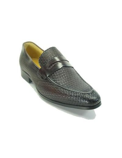 Mens Carrucci Shoes Mens Brown Woven Leather Stylish Dress Loafer- Men's Buckle Dress Shoes