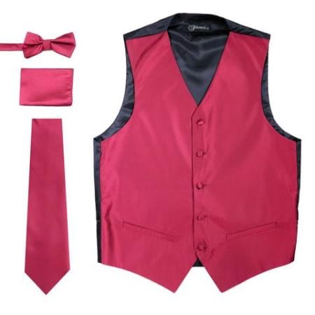Men's 4PC Big and Tall Dress Tuxedo Wedding Vest ~ Waistcoat ~ Waist coat & Tie & Bow Tie and Hankie Burgundy