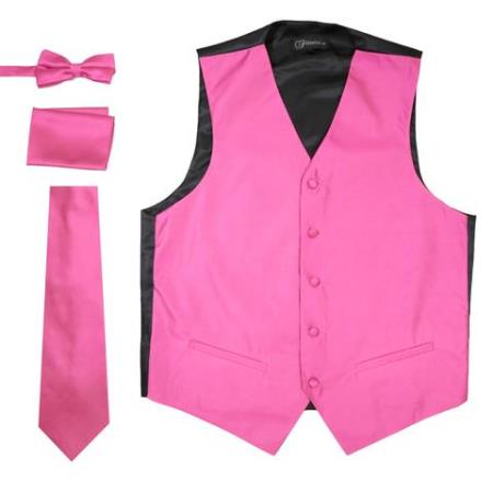 Men's Solid Fuchsia Big and Tall Waist coat & Tie & Bow Tie and Hankie