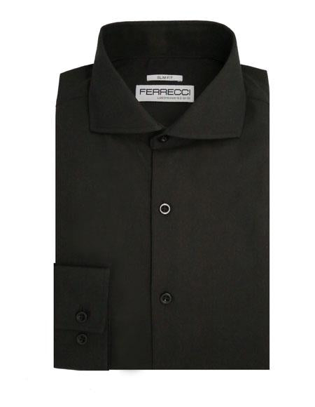 Spread Collar Slim Fit Shirt Cotton Black Men's Dress Shirt