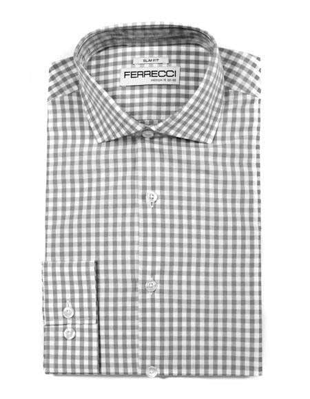 100% Cotton Grey Men's Dress Gingham Shirt - Checker Pattern - French Cuff