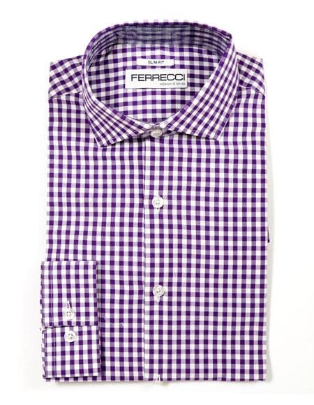 Purple Cotton Men's Dress Gingham Shirt - Checker Pattern - French Cuff