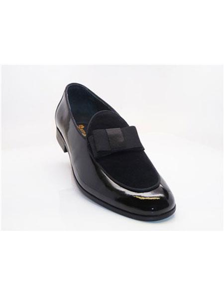 Mens Carrucci Shoes Tuxedo Shoes Black Slip On Cap Toe Grosgrain Bow & Piping Men's Black Dress Shoe