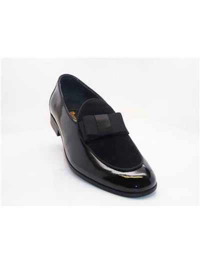 Mens Carrucci Shoes Tuxedo Shoes Black Slip On Cap Toe Grosgrain Bow & Piping Men's Black Dress Shoe