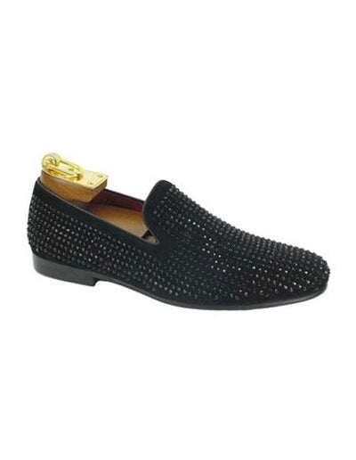 Mens Carrucci Shoes Tuxedo Shoes Black Slip On Cap Toe Black Rhinestone Studs Men's Black Dress Shoe