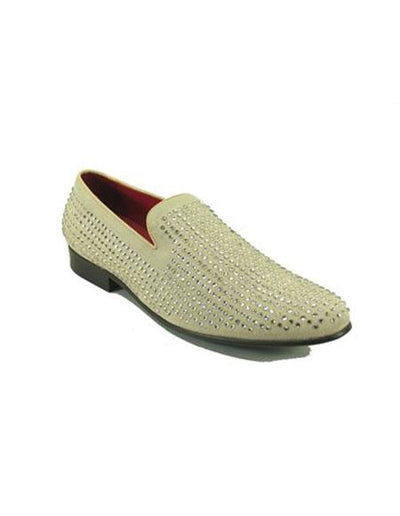 Mens Carrucci Shoes Bone Slip On Cap Toe Rhinestone Studs Men's Shoes Tuxedo Shoes