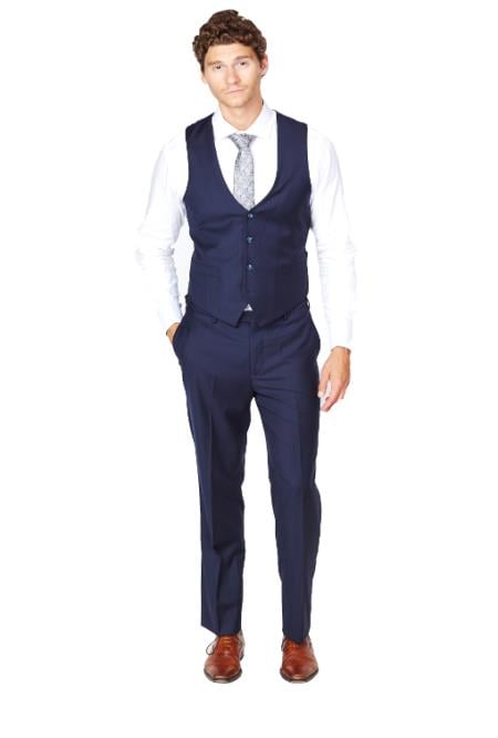 Men's Navy Dress Tuxedo Wedding Men's Vest ~ Waistcoat ~ Waist coat & Tie & Matching Dress Pants Set
