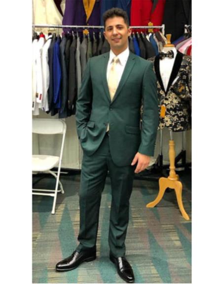 Men's Green Two Button Flap Front Pockets Suit