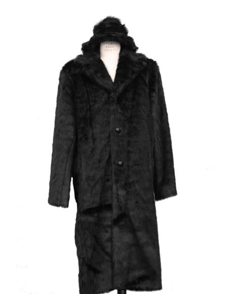 Mens Overcoat Mens Dress Coat Long Length Faux Fur Coat Black
