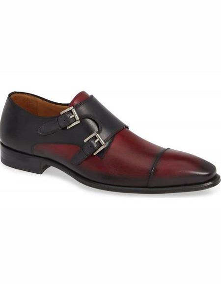 Men's Burgundy Double Monk Strap Leather Lining Shoe- Men's Buckle Dress Shoes