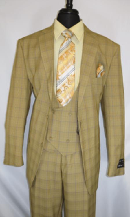Tonal Olive Pinstripe Suit w/Slanted Vested & Peak Lapels - Fortino Landi