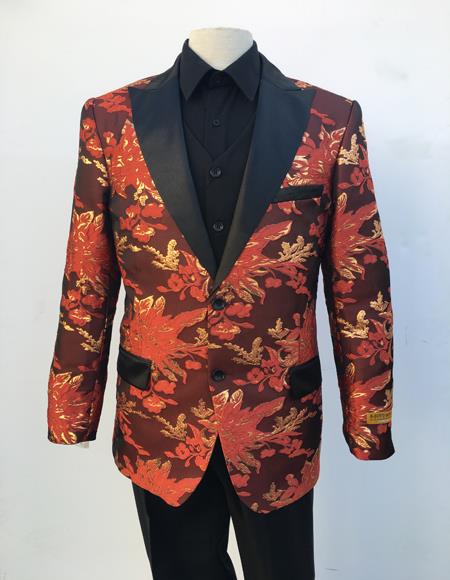 Men's Red and Gold Floral Pattern Flap Front Pockets Two Button Blazer
