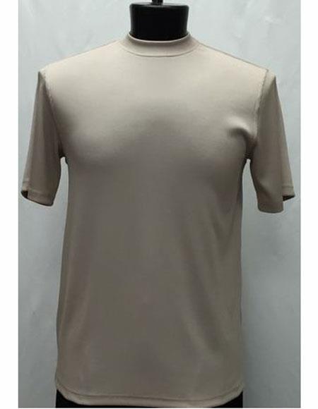 Men's Tan Short Sleeve Classy Look Mock Neck Shirts
