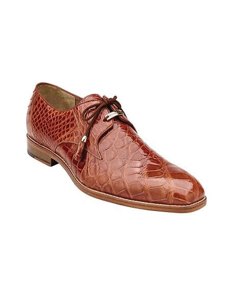 Authentic Genuine Skin Italian, Plain-toed Derby Dress Shoes, Alligator Style: 14010 - Cognac