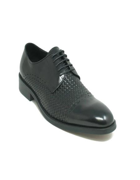 Mens Carrucci Shoes Black Cap Toe Woven Leather Oxford