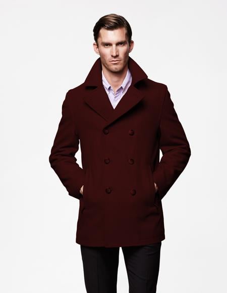 Men's Designer Men's Wool Men's Peacoat Sale Available Wool Fabric double breasted Style Coat For men Dark Burgundy