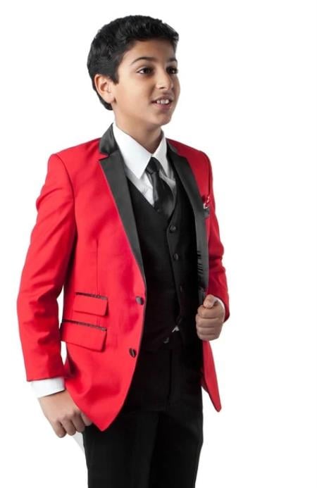 Matching Father and Son Red Ticket Pocket Solid Pattern Suit