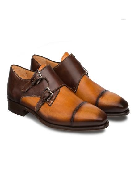 Men's double monk strap shoes BARDEM By Mezlan In Tan/Brown- Men's Buckle Dress Shoes