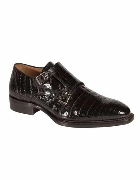 Mezlan Brand Mezlan Alligator Shoes - Mezlan Crocodile Shoes Men's Dress Shoes Sale Men's double monk strap shoes PRAGUE By Mezlan In Black- Men's Buckle Dress Shoes