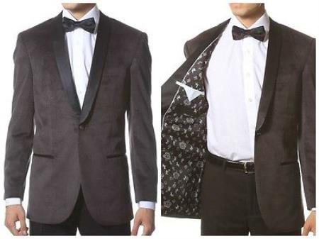 Velour Men's blazer Jacket Men's Grey 1 Button Velvet ~ With Black Lapel Shawl Collar Dinner Jacket Blazer