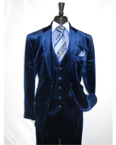 Men's Dark Navy velour Men's blazer Jacket 2 Button Velvet Fabric 3 Piece Vested Side Vent Suit