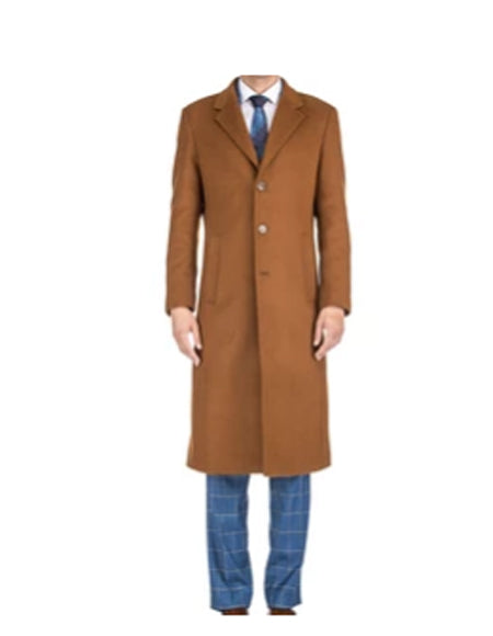 Mens Caramel Wool Blend Overcoat – Modern Fit Solid Pattern Classic Style