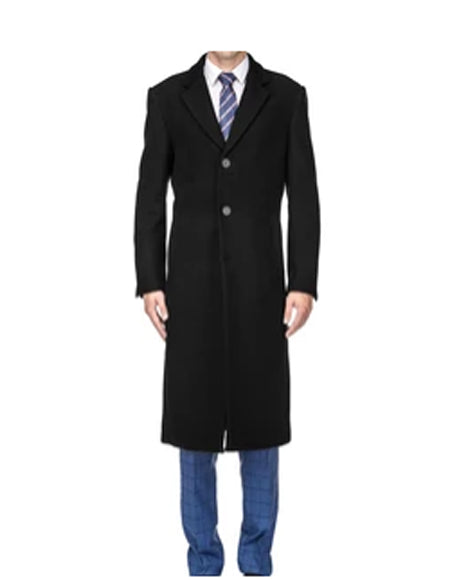 Classic Black Overcoat for Men – Wool Blend Modern Fit with Two Buttons