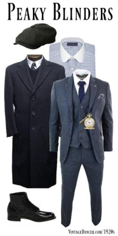 English Look Peaky Blinders 1920s Style Boot Hat + Shirt + Peaky Blinders Tweed Suit + Overcoat Outfit + Gangster Package Combo ~ Combination