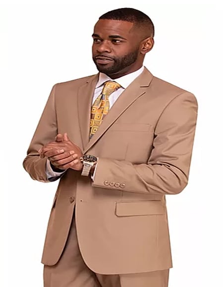 Men's Tan 2 Button Vitali Brand Flat Front Pants Regular Fit Side Vented Suit