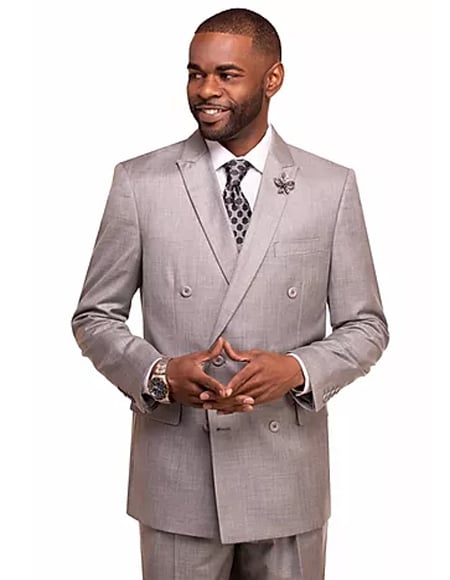 Men's Light Grey Double Breasted 2 Button Vitali Brand Flat Front Pants Regular Fit Side Vented Suit