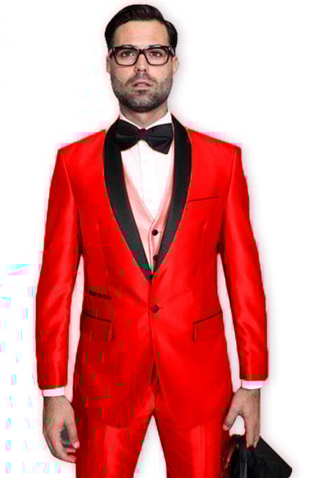Red Tuxedo Shawl Collar Jacket & Pants Suit Prom or Wedding or Shiny Metallic Fabric Groom Tuxedo