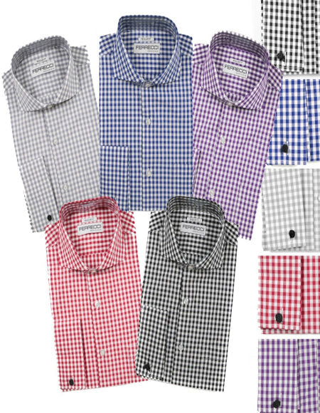 Regular Fit Cotton Gingham Check French Cuff Shirt with Cufflinks Men's Dress Shirt