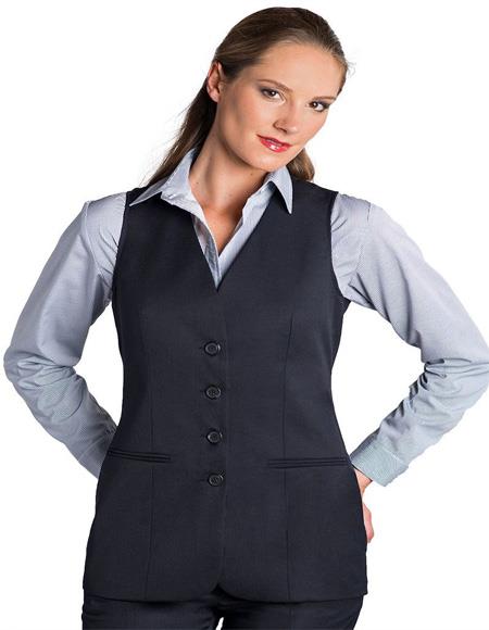 Four Button Solid Pattern Navy Women Vest Sleeveless Blazer