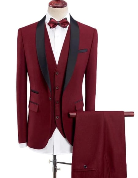 Men's Wine Red Four-Button Shawl Lapel One Button Tuxedos - Red Tuxedo