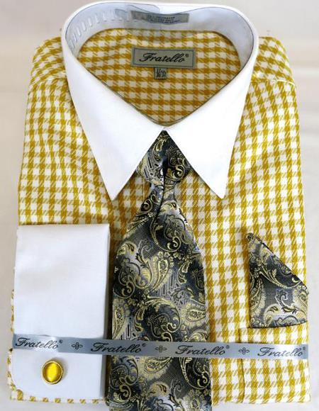 Gold Houndstooth Colorful Men's Dress Shirt