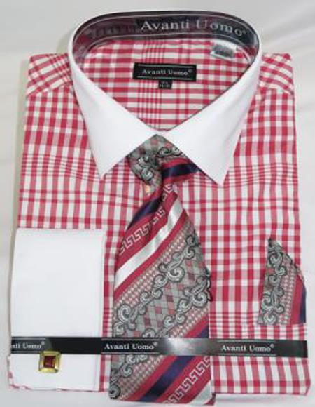 Mens Fashion Dress Shirts and Ties Red Colorful Plaid - Checker Pattern White Collared French Cuffed Men's Dress Shirt