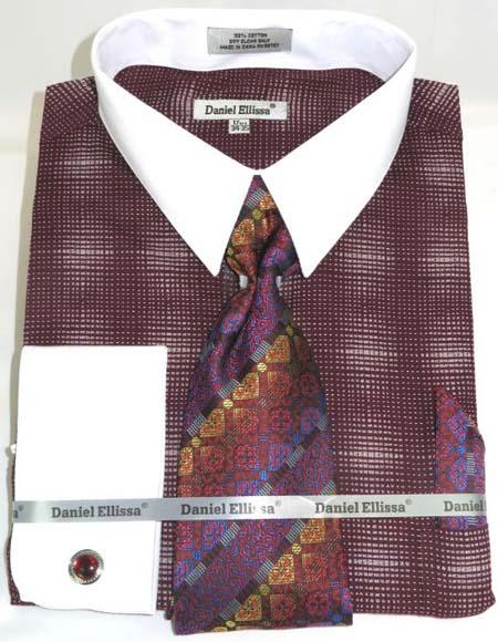Mens Fashion Dress Shirts and Ties Burgundy Colorful Men's Dress Shirt