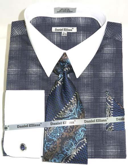 Mens Fashion Dress Shirts and Ties Navy Blue Colorful Men's Dress Shirt