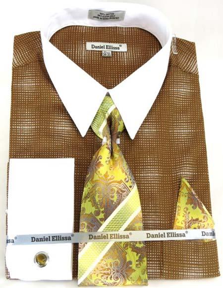 Mens Fashion Dress Shirts and Ties Brown Colorful Men's Dress Shirt