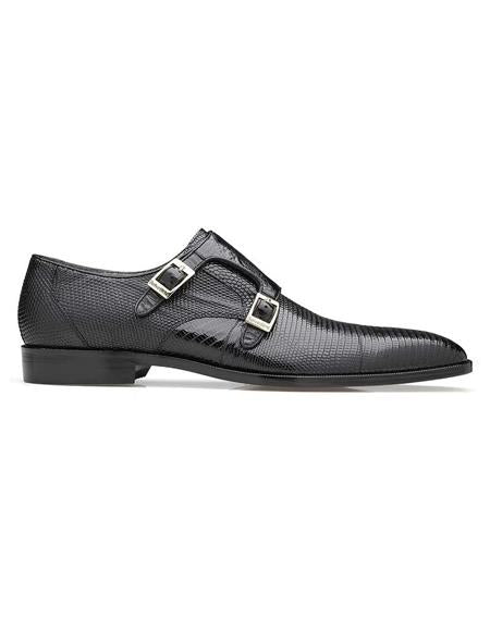 Men's double monk strap shoes Belvedere Black Genuine Lizard & Ostrich Monk Strap Men's Shoe- Men's Buckle Dress Shoes