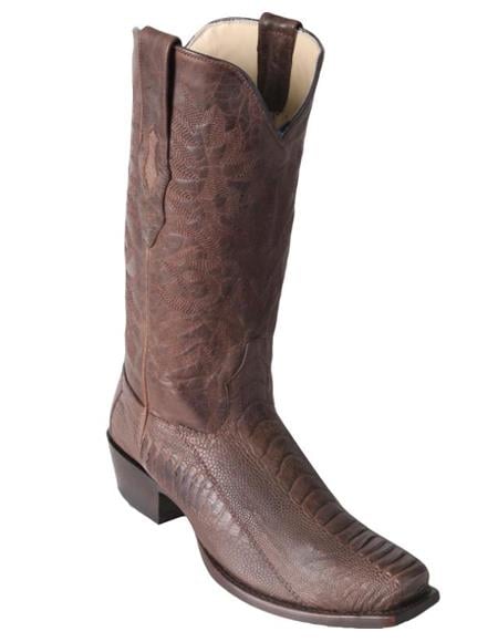 Los Altos Boots Men's Brown Ostrich Leg Square 7-Toe Cowboy Boots - Greasy Finish - Botas De Avestruz